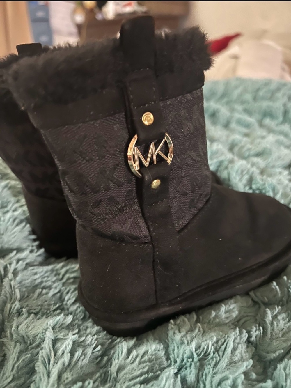Michael Kors Black Faux Fur-Trim Ankle Boots with Gold MK Accent